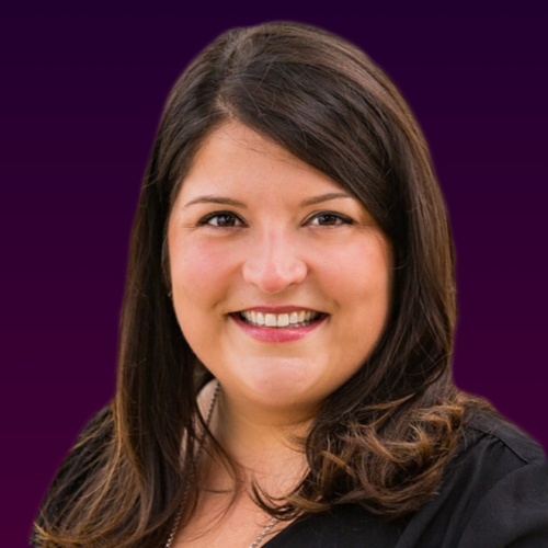 A smiling portrait of Monica Popp who has brown, shoulder-length hair and wears a black blazer sits on a dark purple gradient background.